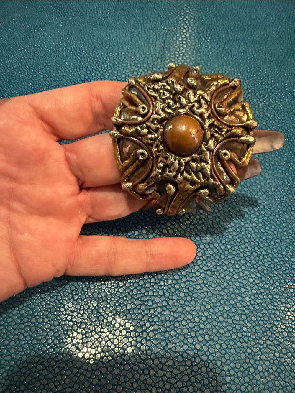 Antique-Style Ornate Metal Cuff Bracelet in Brass Tone with Brown Stone